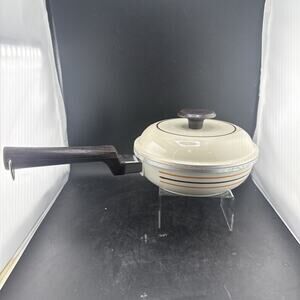 Vtg 70s Regal Ware Cast Aluminum Skillet Pan Lid Retro Stripe Cream Orange Brown